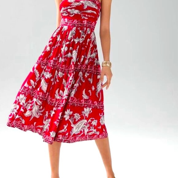 - White House Black Market Strapless Fit & Flare Dress Red Paisley Size 4 - Picture 9 of 15